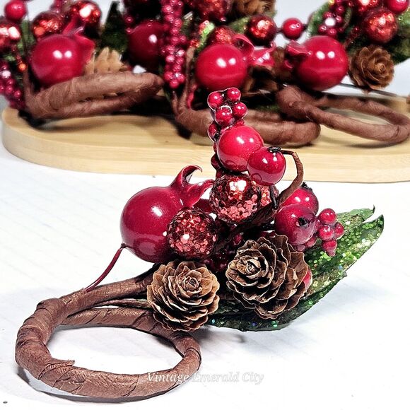 Vtg Pines Berries Twing Cranberry Pinecone Leafs 5 Napking Candle Rings Handmade - Picture 13 of 13